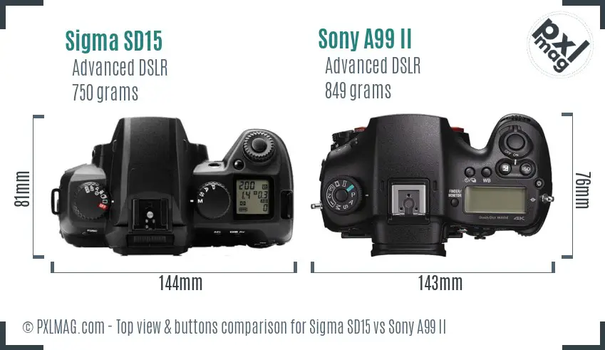 Sigma SD15 vs Sony A99 II top view buttons comparison