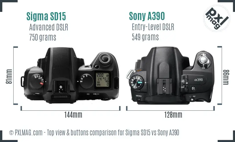 Sigma SD15 vs Sony A390 top view buttons comparison