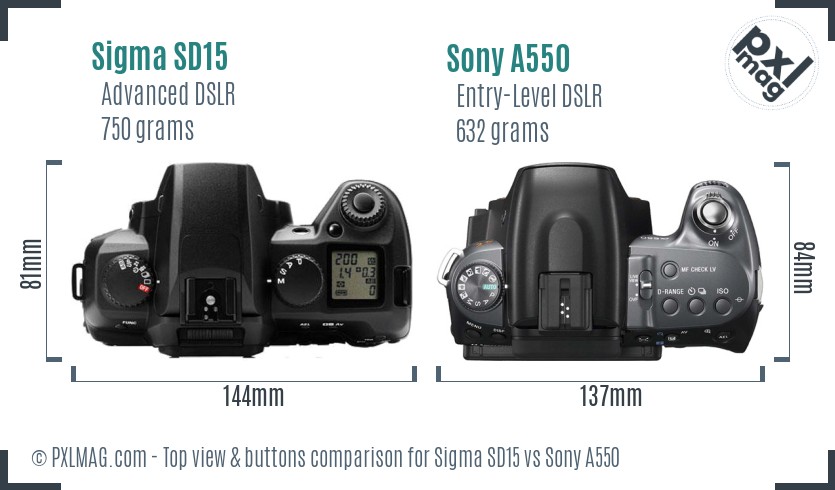 Sigma SD15 vs Sony A550 top view buttons comparison