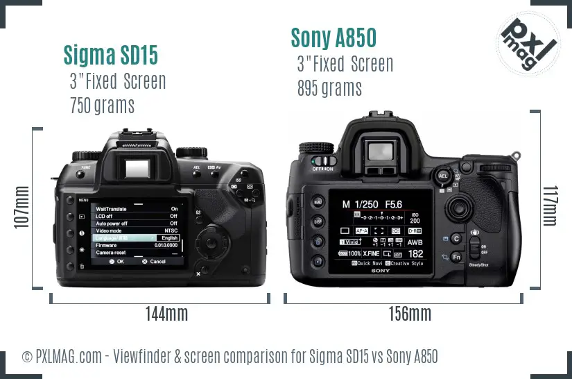 Sigma SD15 vs Sony A850 Screen and Viewfinder comparison