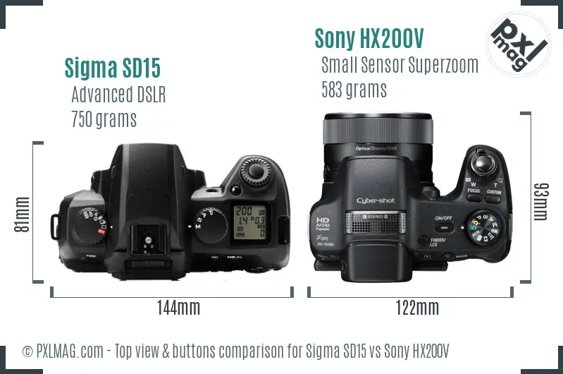 Sigma SD15 vs Sony HX200V top view buttons comparison Sigma SD15 vs Sony HX200V top view buttons comparison