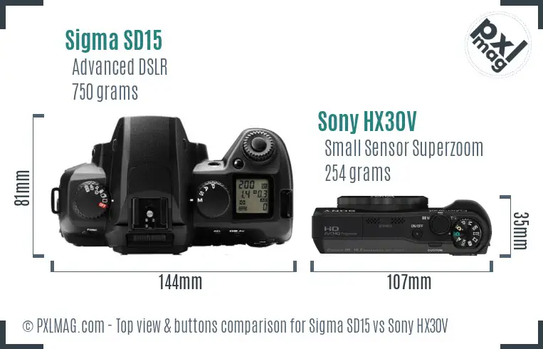 Sigma SD15 vs Sony HX30V top view buttons comparison