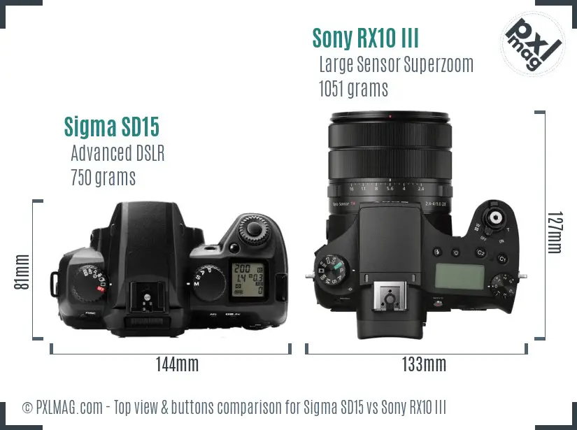 Sigma SD15 vs Sony RX10 III top view buttons comparison Sigma SD15 vs Sony RX10 III top view buttons comparison
