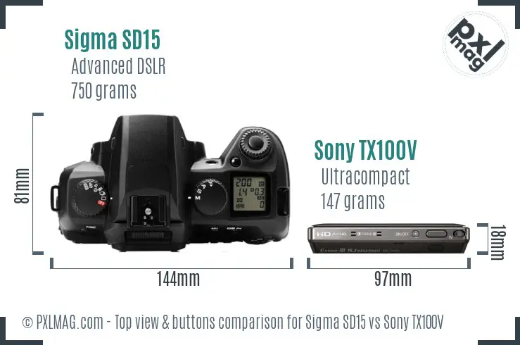 Sigma SD15 vs Sony TX100V top view buttons comparison