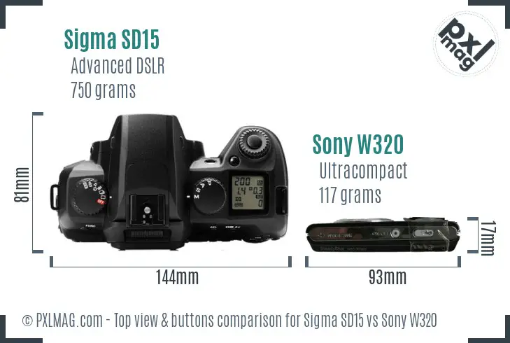 Sigma SD15 vs Sony W320 top view buttons comparison Sigma SD15 vs Sony W320 top view buttons comparison