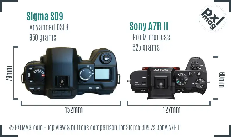 Sigma SD9 vs Sony A7R II top view buttons comparison