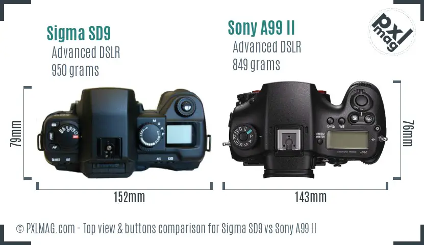 Sigma SD9 vs Sony A99 II top view buttons comparison
