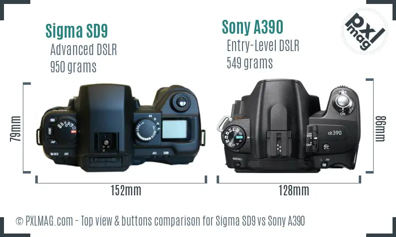 Sigma SD9 vs Sony A390 top view buttons comparison Sigma SD9 vs Sony A390 top view buttons comparison
