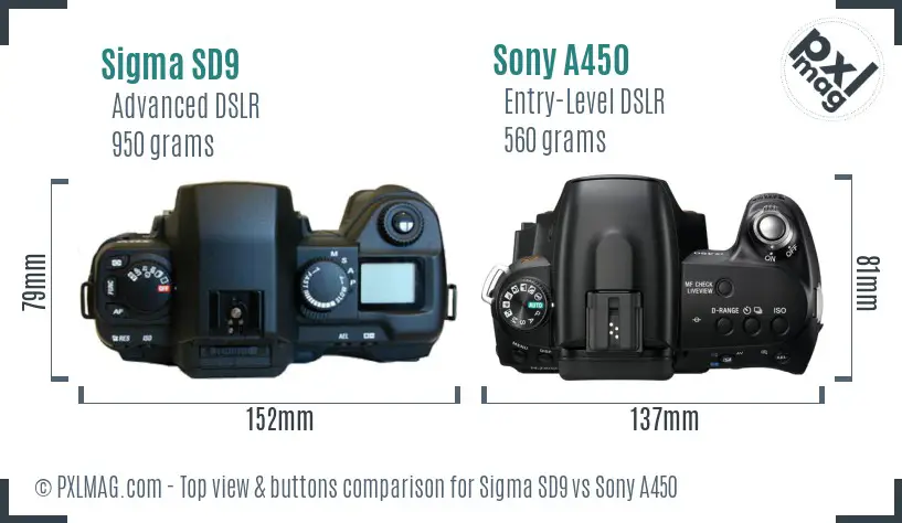 Sigma SD9 vs Sony A450 top view buttons comparison Sigma SD9 vs Sony A450 top view buttons comparison