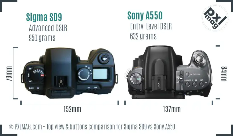 Sigma SD9 vs Sony A550 top view buttons comparison Sigma SD9 vs Sony A550 top view buttons comparison