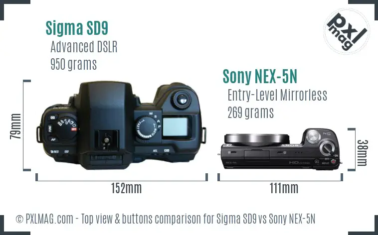 Sigma SD9 vs Sony NEX-5N top view buttons comparison Sigma SD9 vs Sony NEX-5N top view buttons comparison