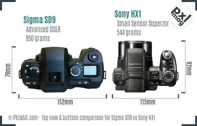 Sigma SD9 vs Sony HX1 top view buttons comparison