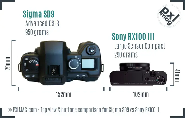 Sigma SD9 vs Sony RX100 III top view buttons comparison Sigma SD9 vs Sony RX100 III top view buttons comparison