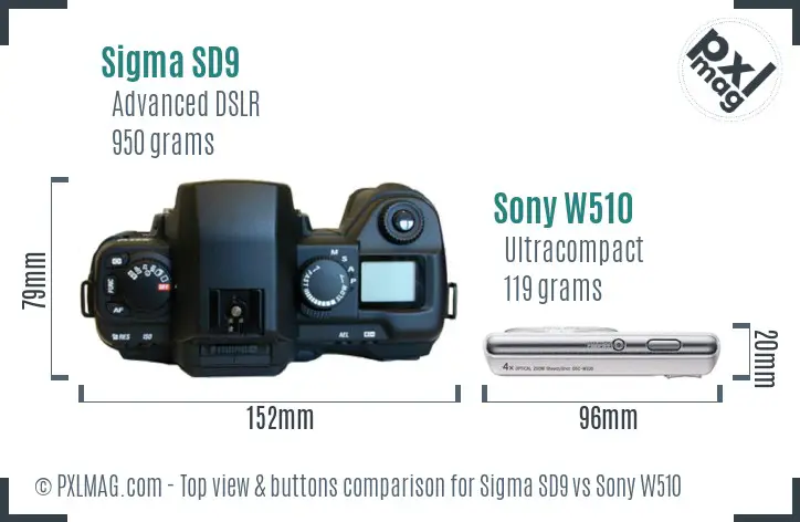 Sigma SD9 vs Sony W510 top view buttons comparison Sigma SD9 vs Sony W510 top view buttons comparison