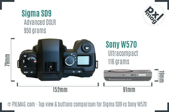Sigma SD9 vs Sony W570 top view buttons comparison Sigma SD9 vs Sony W570 top view buttons comparison
