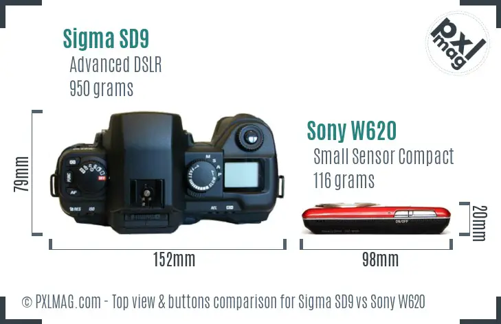 Sigma SD9 vs Sony W620 top view buttons comparison Sigma SD9 vs Sony W620 top view buttons comparison