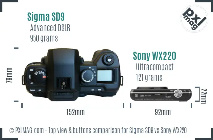 Sigma SD9 vs Sony WX220 top view buttons comparison Sigma SD9 vs Sony WX220 top view buttons comparison