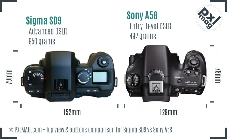 Sigma SD9 vs Sony A58 top view buttons comparison Sigma SD9 vs Sony A58 top view buttons comparison