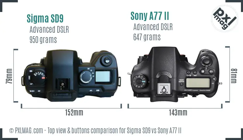Sigma SD9 vs Sony A77 II top view buttons comparison