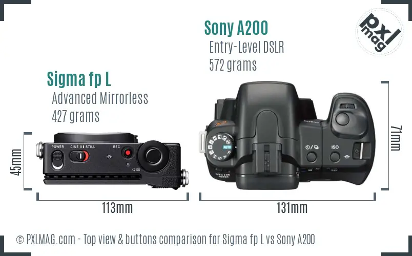 Sigma fp L vs Sony A200 top view buttons comparison Sigma fp L vs Sony A200 top view buttons comparison