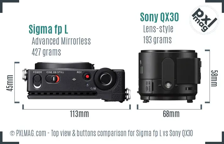Sigma fp L vs Sony QX30 top view buttons comparison Sigma fp L vs Sony QX30 top view buttons comparison