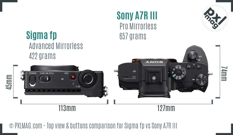 Sigma fp vs Sony A7R III top view buttons comparison