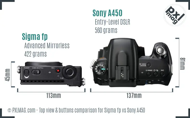 Sigma fp vs Sony A450 top view buttons comparison