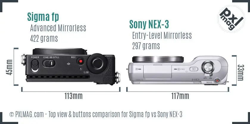 Sigma fp vs Sony NEX-3 top view buttons comparison