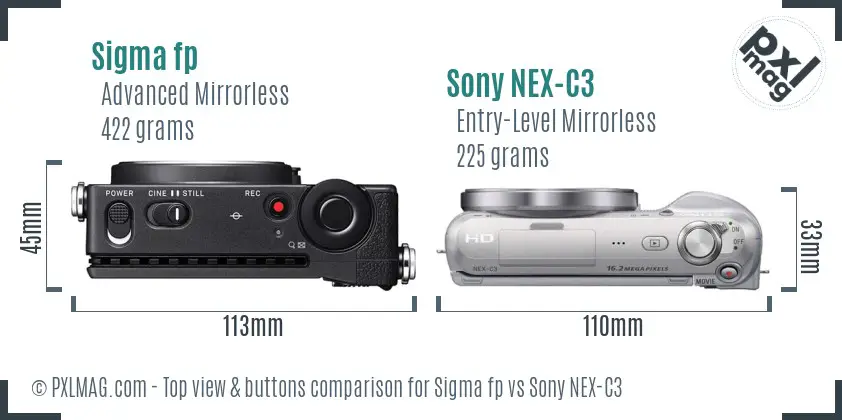 Sigma fp vs Sony NEX-C3 top view buttons comparison