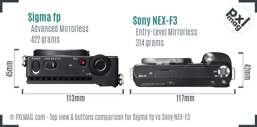 Sigma fp vs Sony NEX-F3 top view buttons comparison