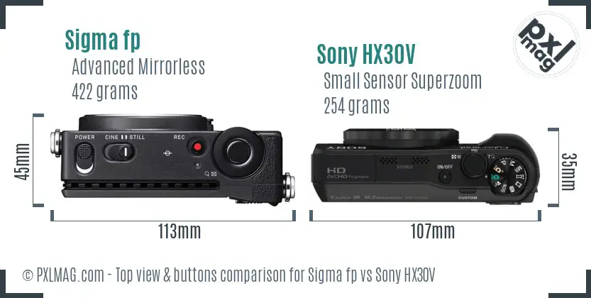 Sigma fp vs Sony HX30V top view buttons comparison