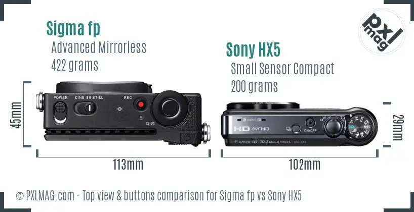 Sigma fp vs Sony HX5 top view buttons comparison