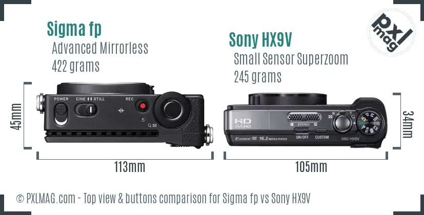 Sigma fp vs Sony HX9V top view buttons comparison Sigma fp vs Sony HX9V top view buttons comparison