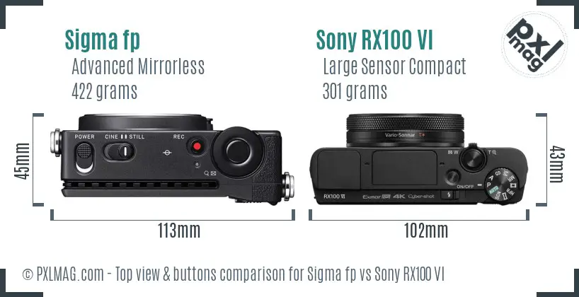 Sigma fp vs Sony RX100 VI top view buttons comparison