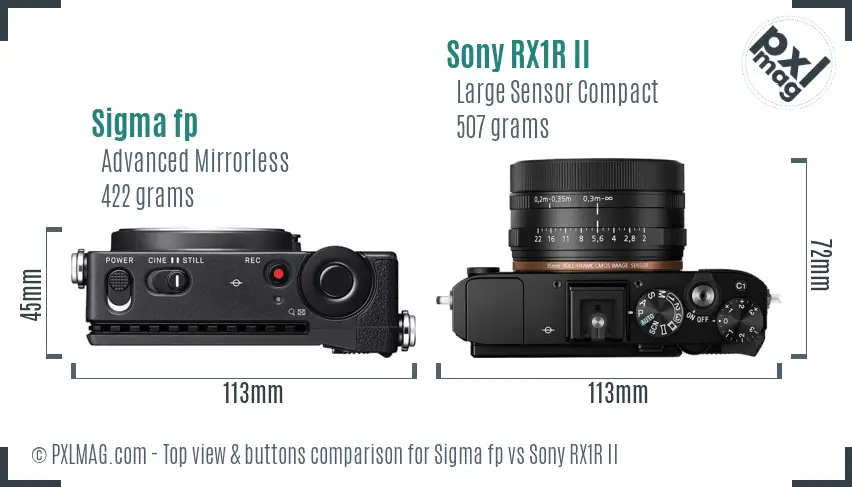 Sigma fp vs Sony RX1R II top view buttons comparison