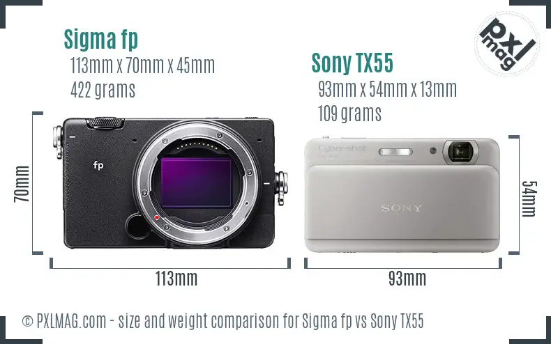 Sigma fp vs Sony TX55 size comparison