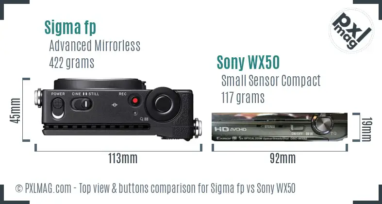 Sigma fp vs Sony WX50 top view buttons comparison