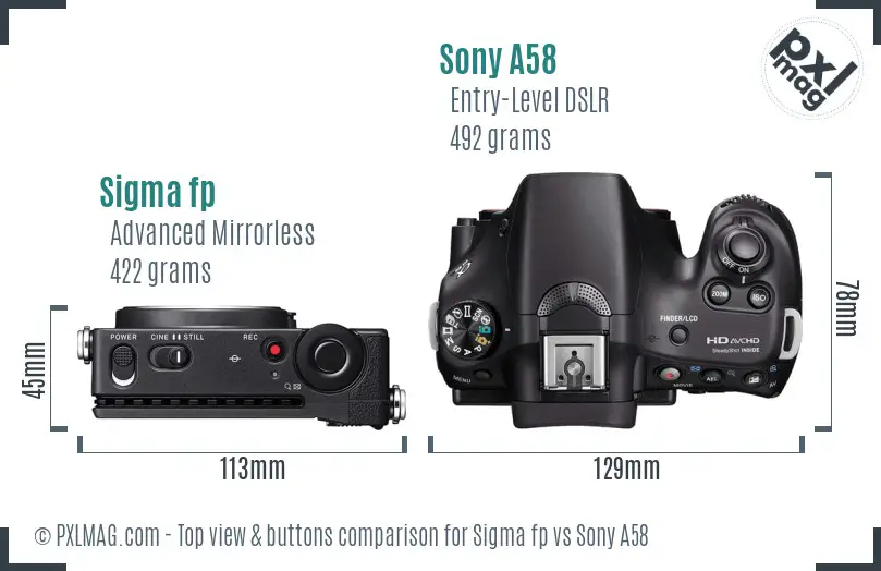 Sigma fp vs Sony A58 top view buttons comparison Sigma fp vs Sony A58 top view buttons comparison