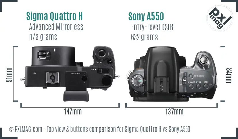 Sigma Quattro H vs Sony A550 top view buttons comparison Sigma Quattro H vs Sony A550 top view buttons comparison