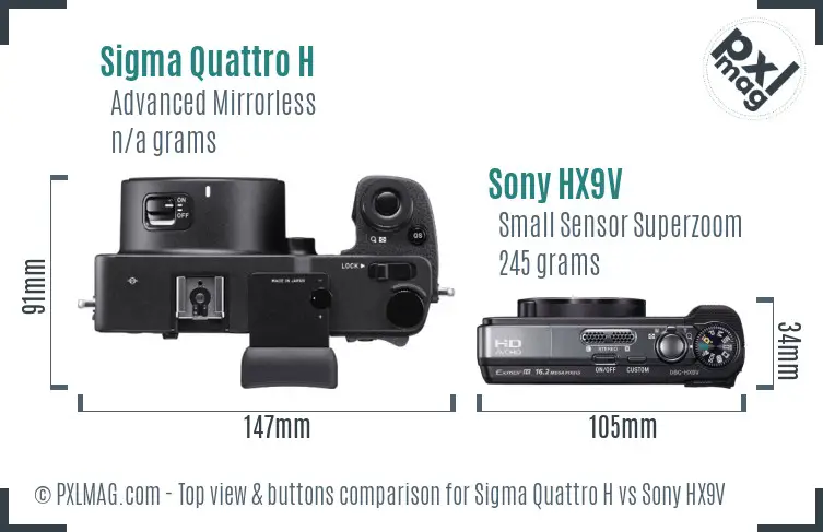 Sigma Quattro H vs Sony HX9V top view buttons comparison Sigma Quattro H vs Sony HX9V top view buttons comparison
