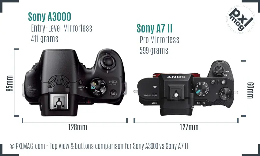 Sony A3000 vs Sony A7 II top view buttons comparison