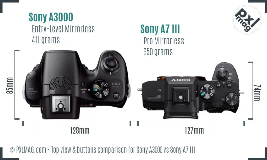 Sony A3000 vs Sony A7 III top view buttons comparison
