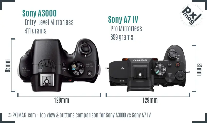 Sony A3000 vs Sony A7 IV top view buttons comparison