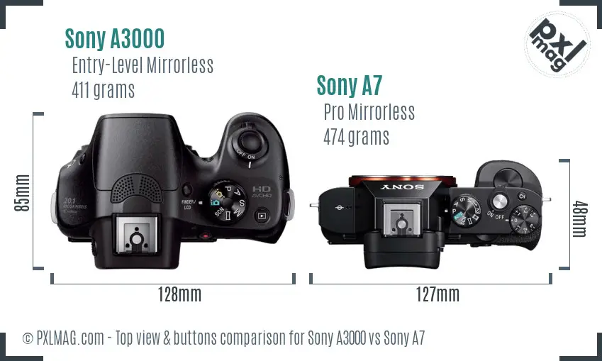 Sony A3000 vs Sony A7 top view buttons comparison