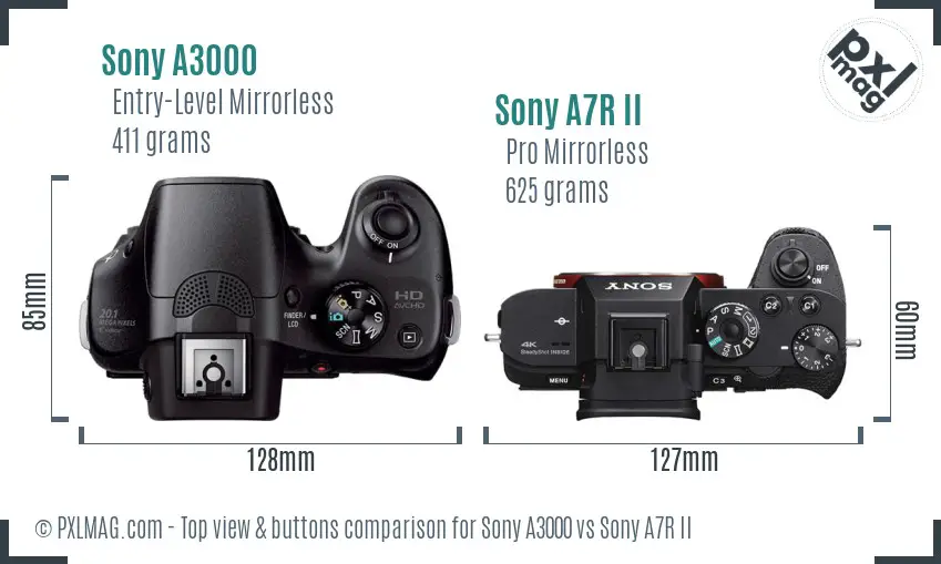 Sony A3000 vs Sony A7R II top view buttons comparison