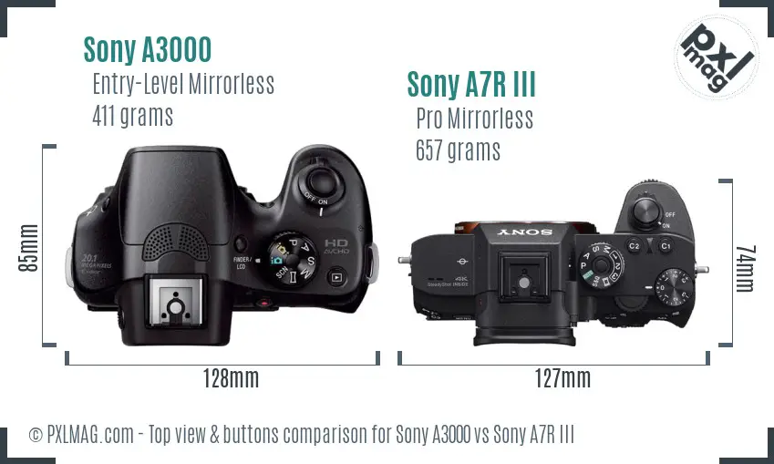 Sony A3000 vs Sony A7R III top view buttons comparison