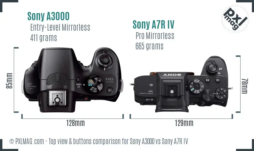 Sony A3000 vs Sony A7R IV top view buttons comparison