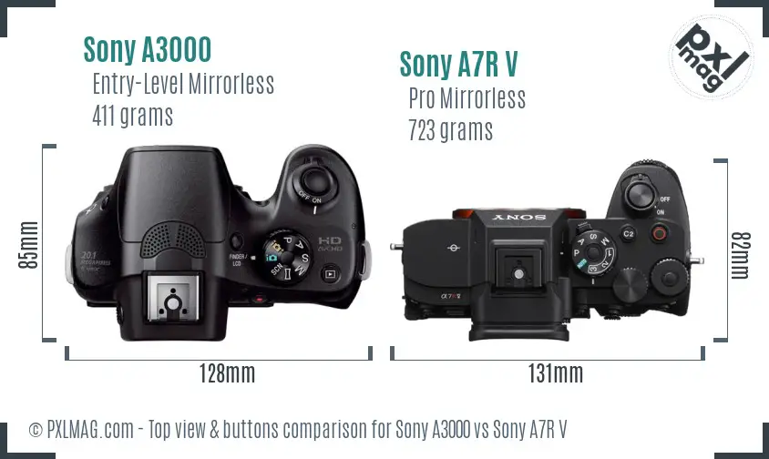 Sony A3000 vs Sony A7R V top view buttons comparison