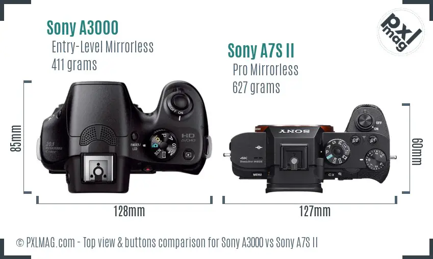 Sony A3000 vs Sony A7S II top view buttons comparison