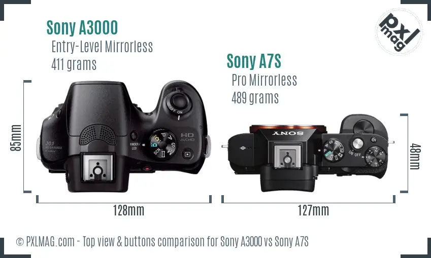Sony A3000 vs Sony A7S top view buttons comparison